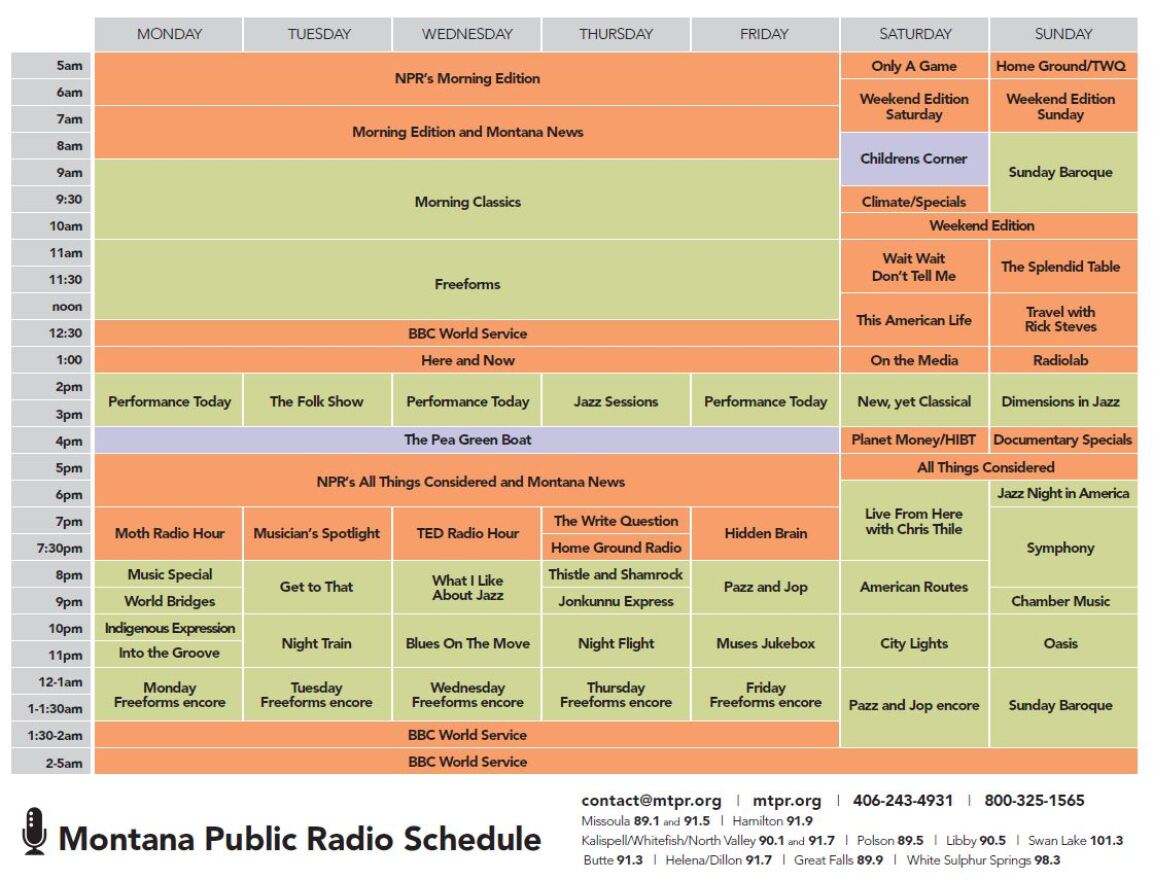 Montana Public Radio's new program schedule begins Sept. 2, 2019, and includes four new programs.